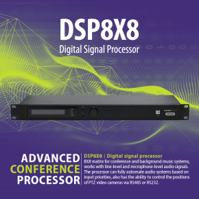 DSP8X8 signalo procesorius konferencinėms ir foninės muzikos sistemoms